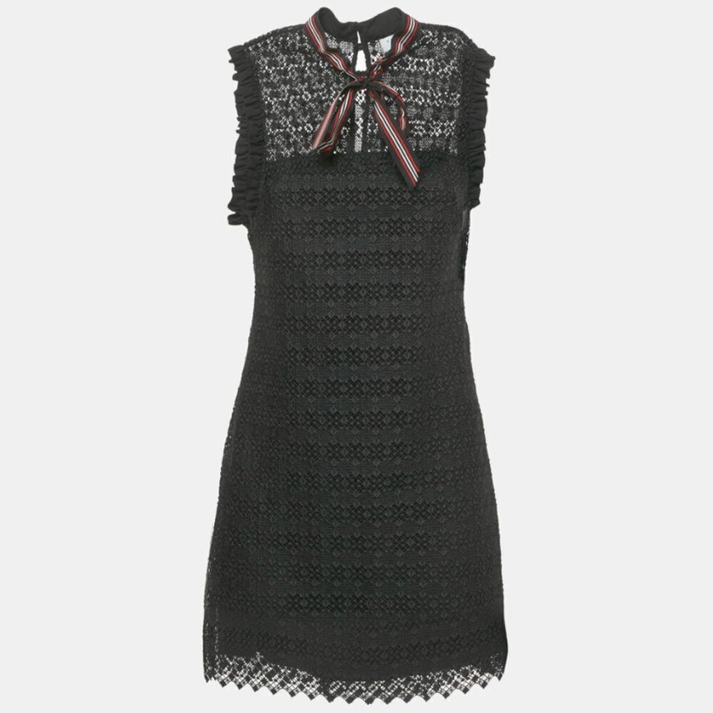 Sandro Black Fidele Tie-Neck Lace Mini Dress Size 2 - 41482 - Picture 1 of 12